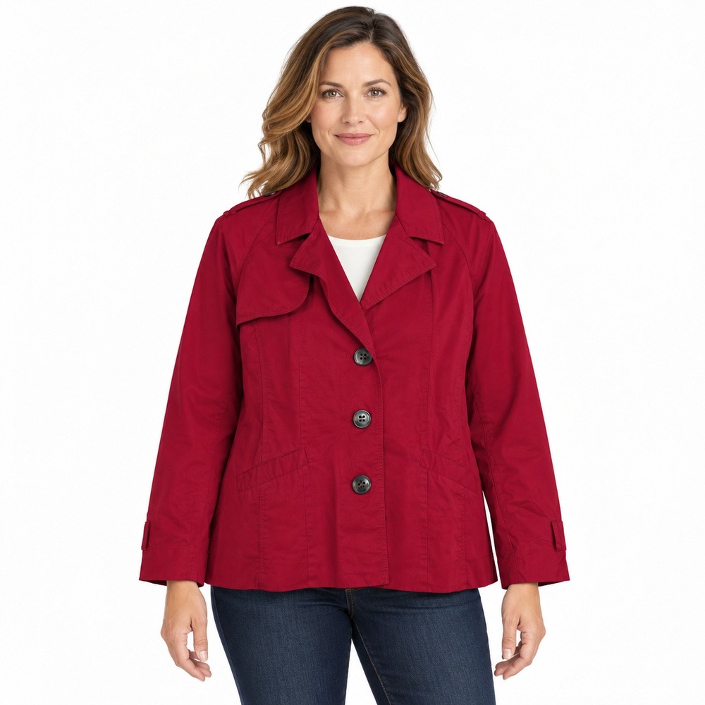 Denim & Co Red Cotton Button Front Trench Jacket Women Large Lined Epaulets